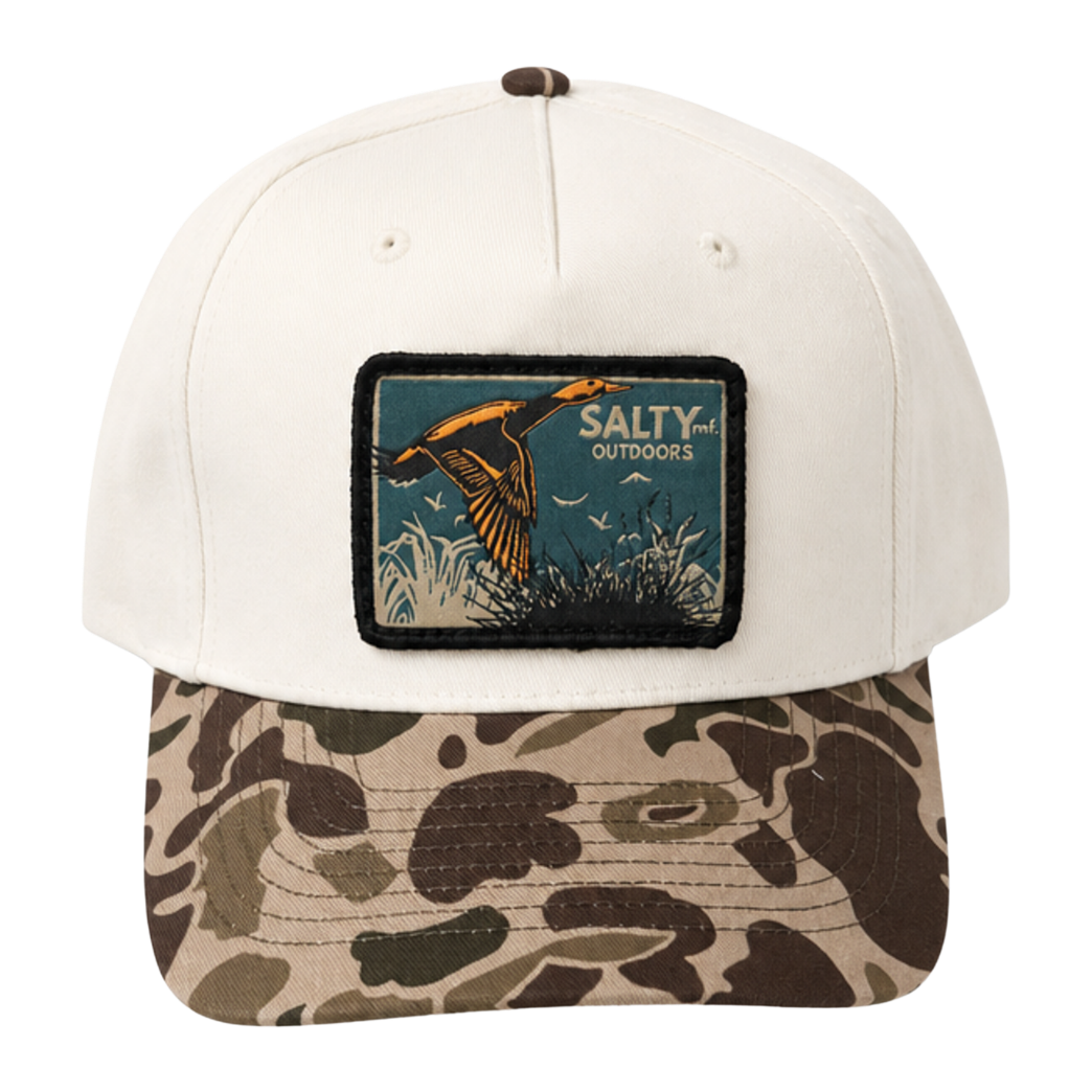 SALTYmf Duck Hunt Patch Gramps Hat with the woven SALTYmf Outdoors flying duck patch