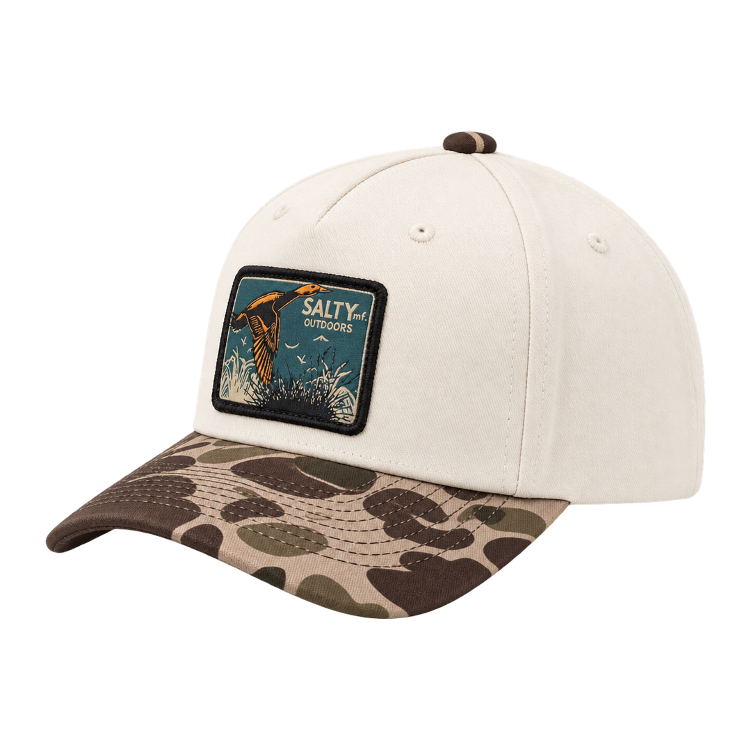 SALTYmf Duck Hunt Patch Gramps Hat in Cream/Bark Duck Camo, three quarter view with the woven SALTYmf Outdoors flying duck patch