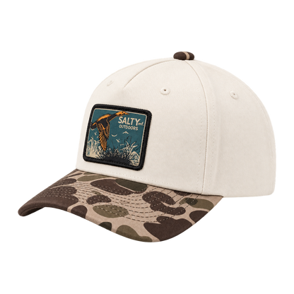 SALTYmf Duck Hunt Patch Gramps Hat in Cream/Bark Duck Camo, three quarter view with the woven SALTYmf Outdoors flying duck patch