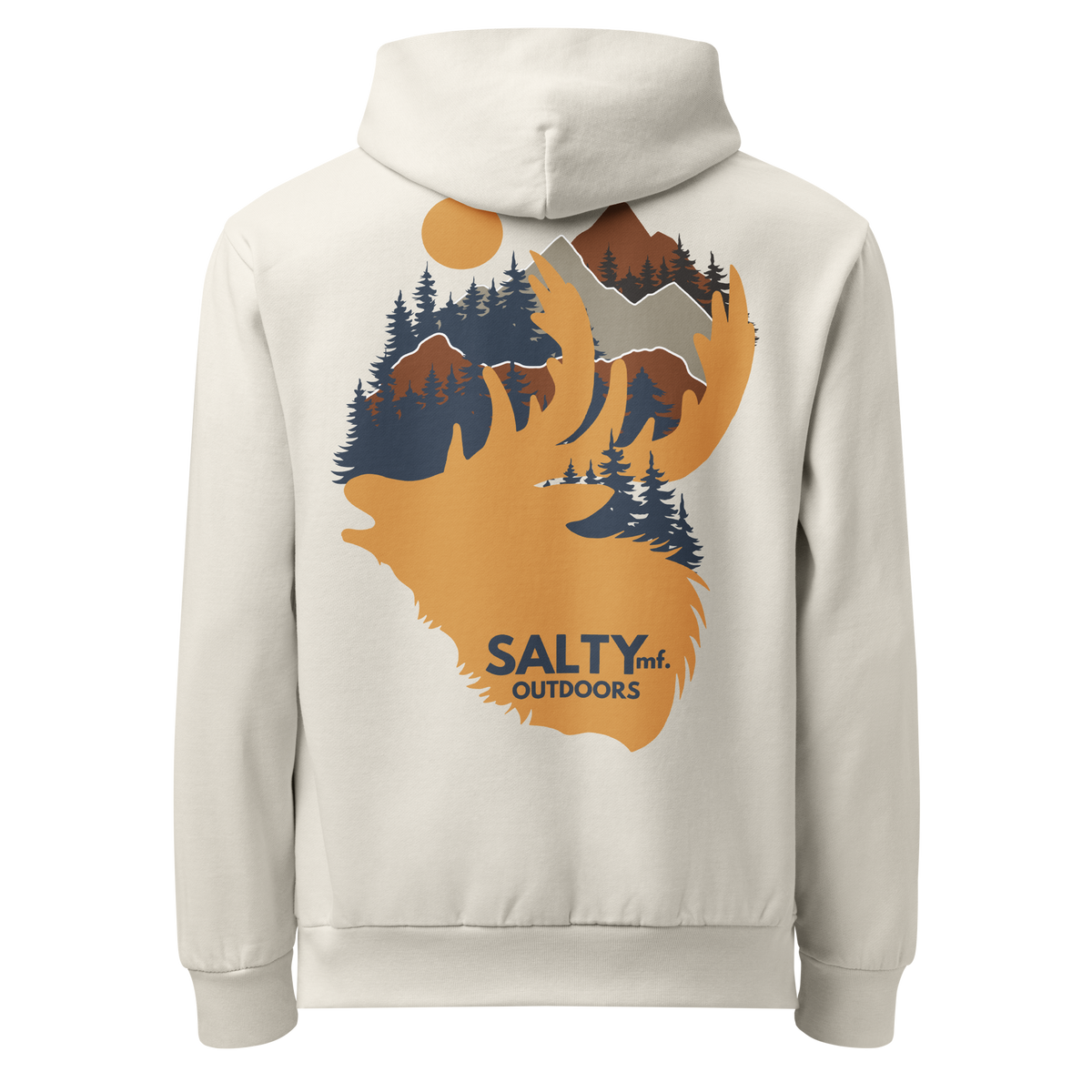SALTYmf Elk Hunt Hoodie in Off-White, back view with the elk and mountain graphic