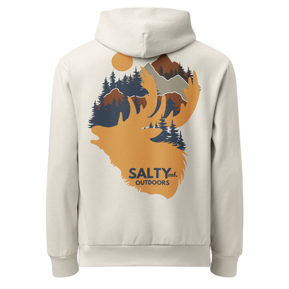 SALTYmf Elk Hunt Hoodie in Off-White, back view with the elk and mountain graphic
