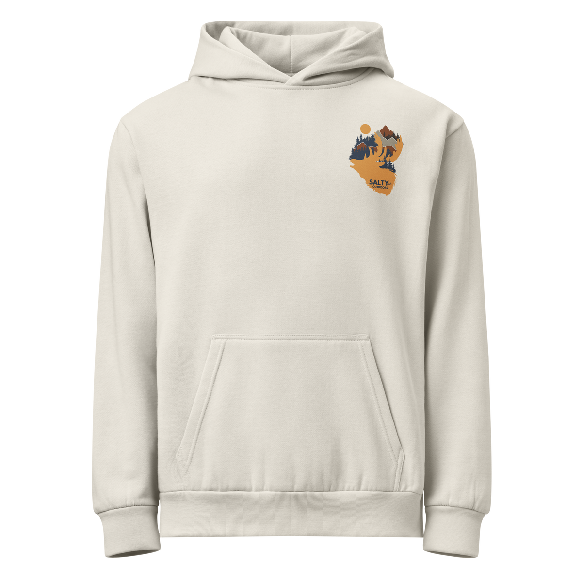 SALTYmf Elk Hunt Hoodie in Off-White, front view with the small elk graphic on the chest