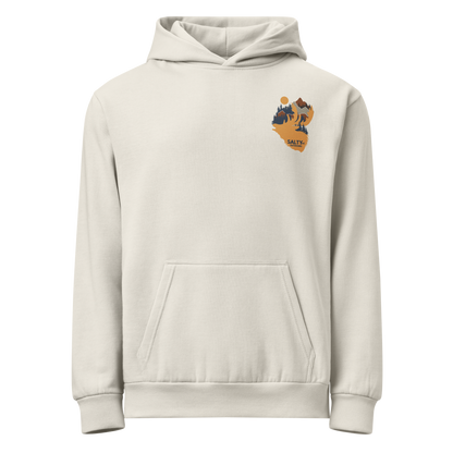 SALTYmf Elk Hunt Hoodie in Off-White, front view with the small elk graphic on the chest