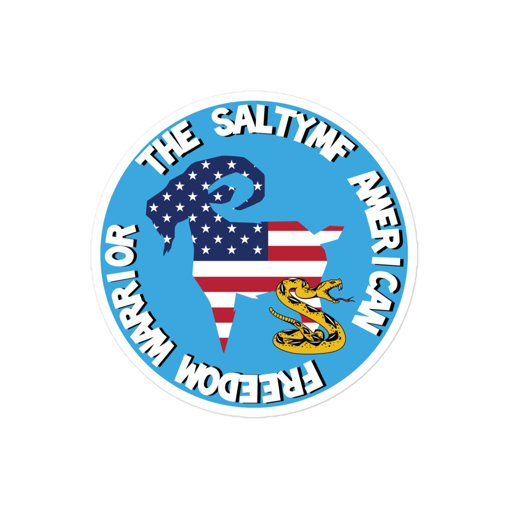 SALTYmf Freedom Warrior Sticker with the flag goat and rattlesnake in a Freedom Warrior circle, 4 x 4 inch