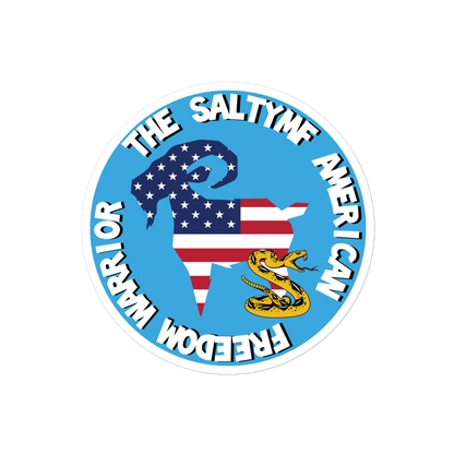 SALTYmf Freedom Warrior Sticker with the flag goat and rattlesnake in a Freedom Warrior circle, 4 x 4 inch