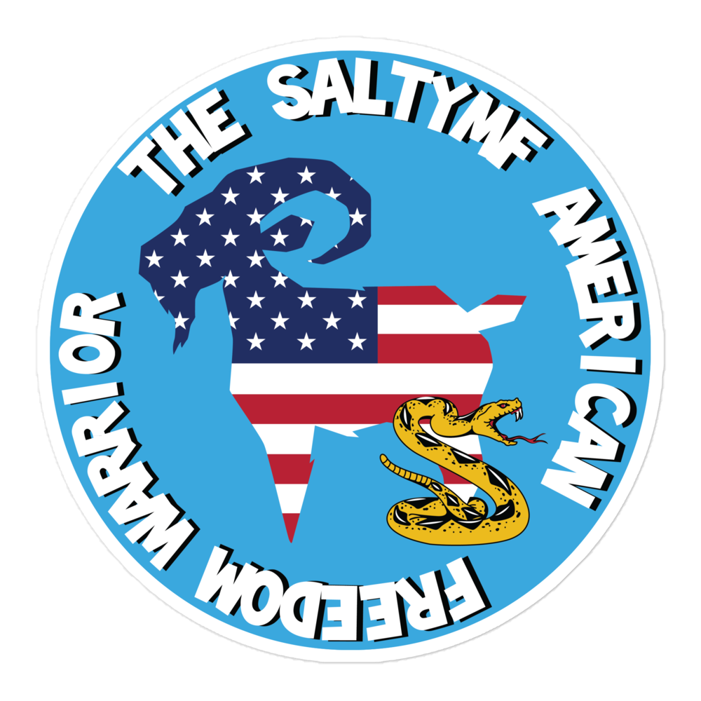 SALTYmf Freedom Warrior Sticker with the flag goat and rattlesnake in a Freedom Warrior circle, 5.5 x 5.5 inch