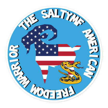 SALTYmf Freedom Warrior Sticker with the flag goat and rattlesnake in a Freedom Warrior circle, 5.5 x 5.5 inch