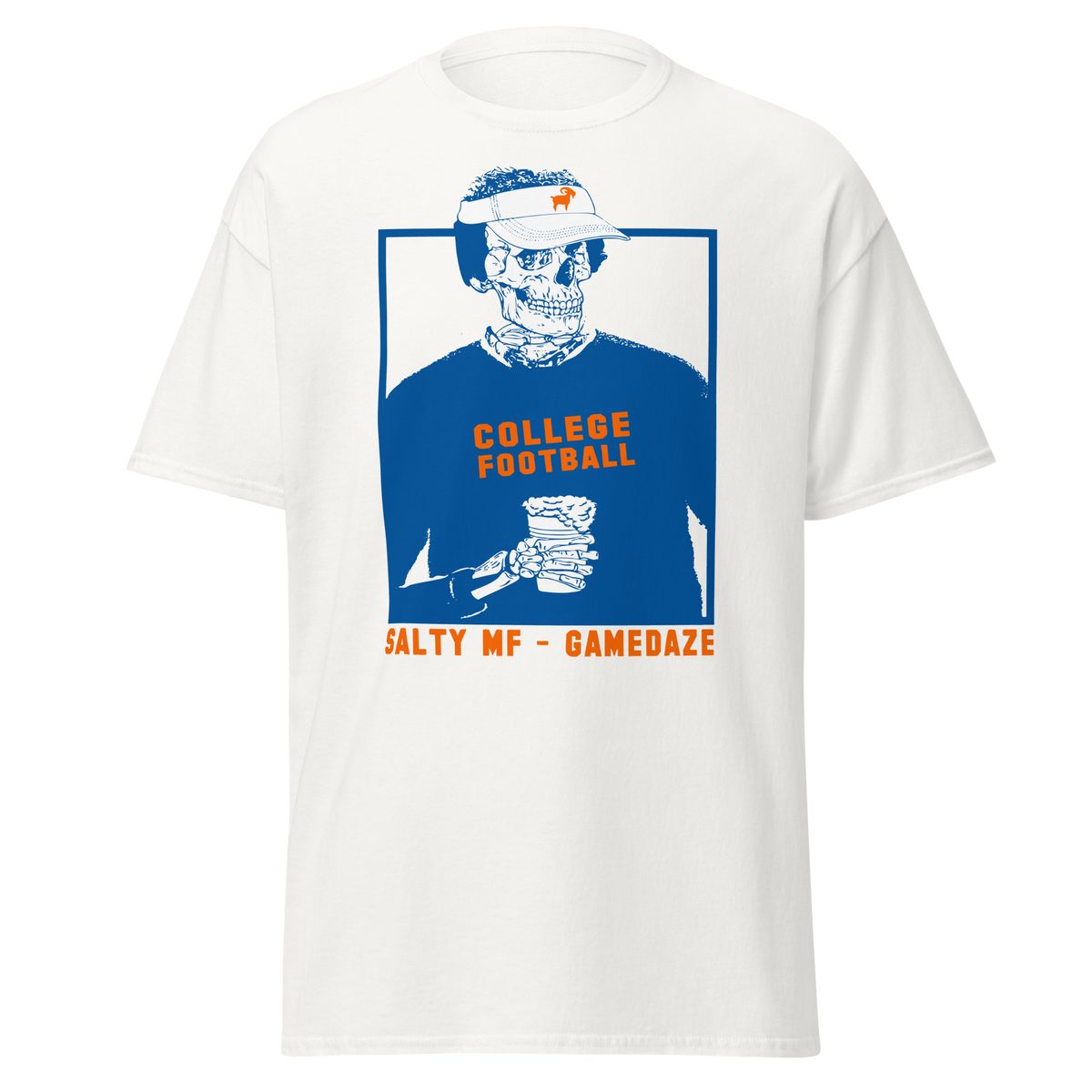 SALTYmf Gainesville GameDaze Tee, front view with the blue College Football skeleton coach and GameDaze art