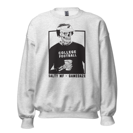 SALTYmf GameDaze Crew Neck in Ash, front view with the black skeleton COLLEGE FOOTBALL SALTY MF GAMEDAZE graphic