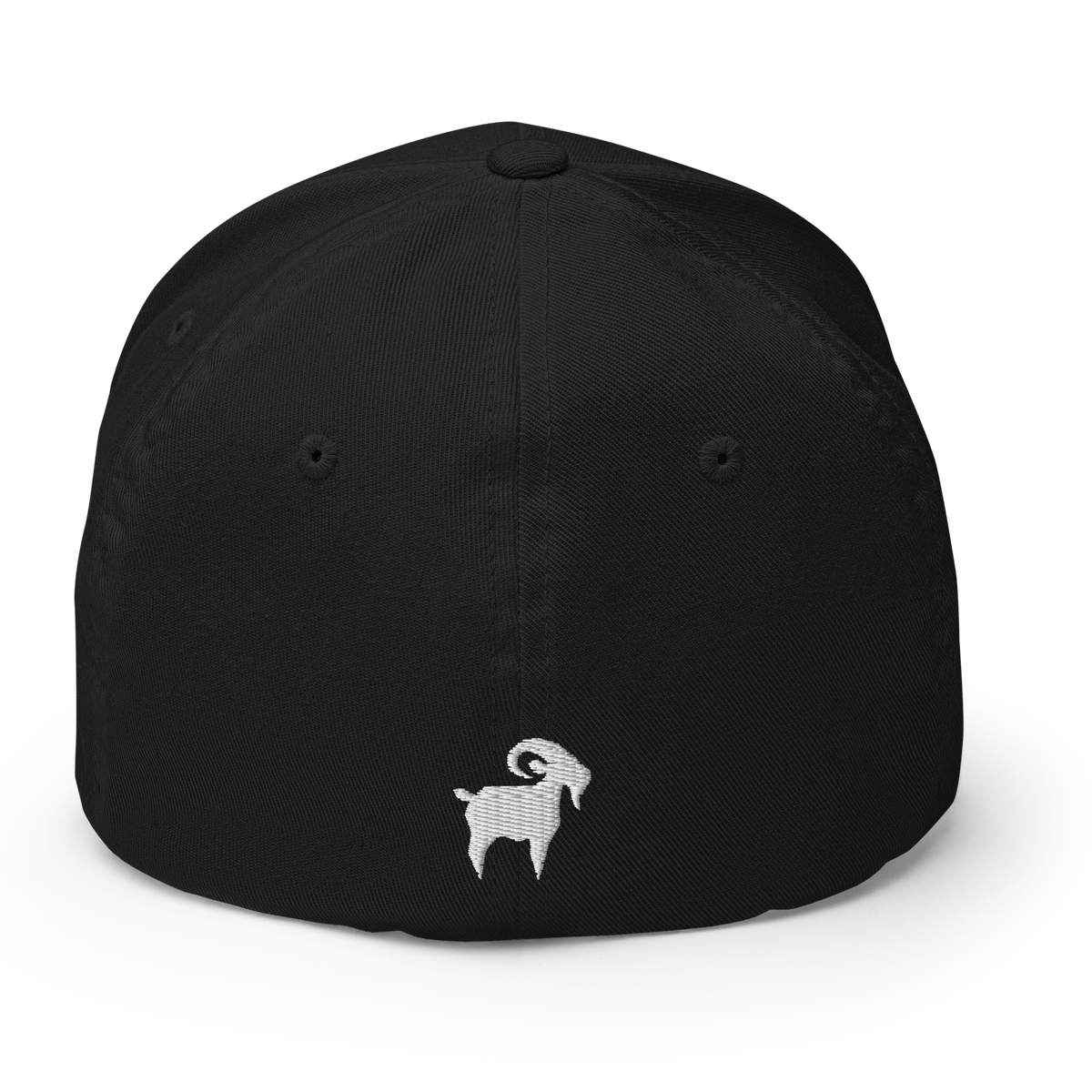 SALTYmf GOAT Flex Cap in Black, back view with a small goat embroidered on the back