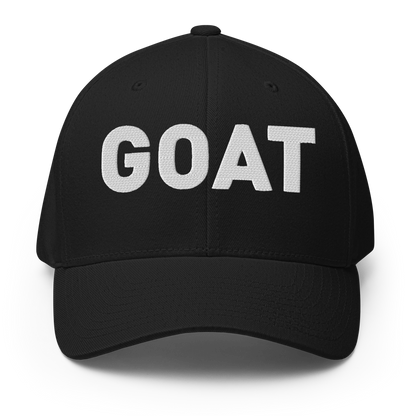 SALTYmf GOAT Flex Cap in Black, front view with GOAT embroidered across the front