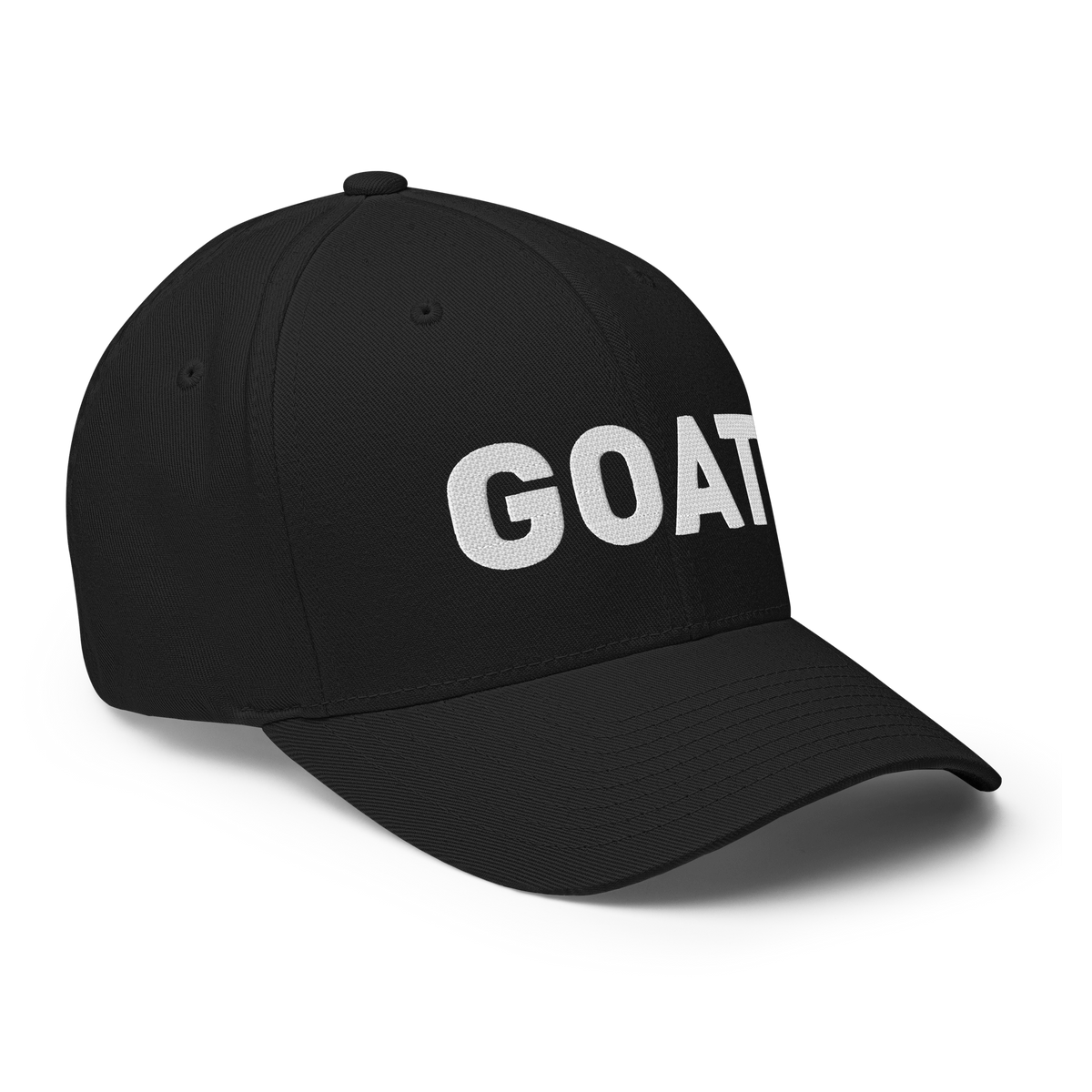 SALTYmf GOAT Flex Cap in Black, right front view with GOAT embroidered across the front
