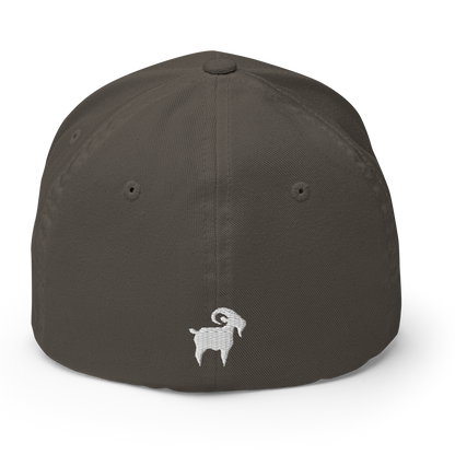 SALTYmf GOAT Flex Cap in Dark Grey, back view with a small goat embroidered on the back