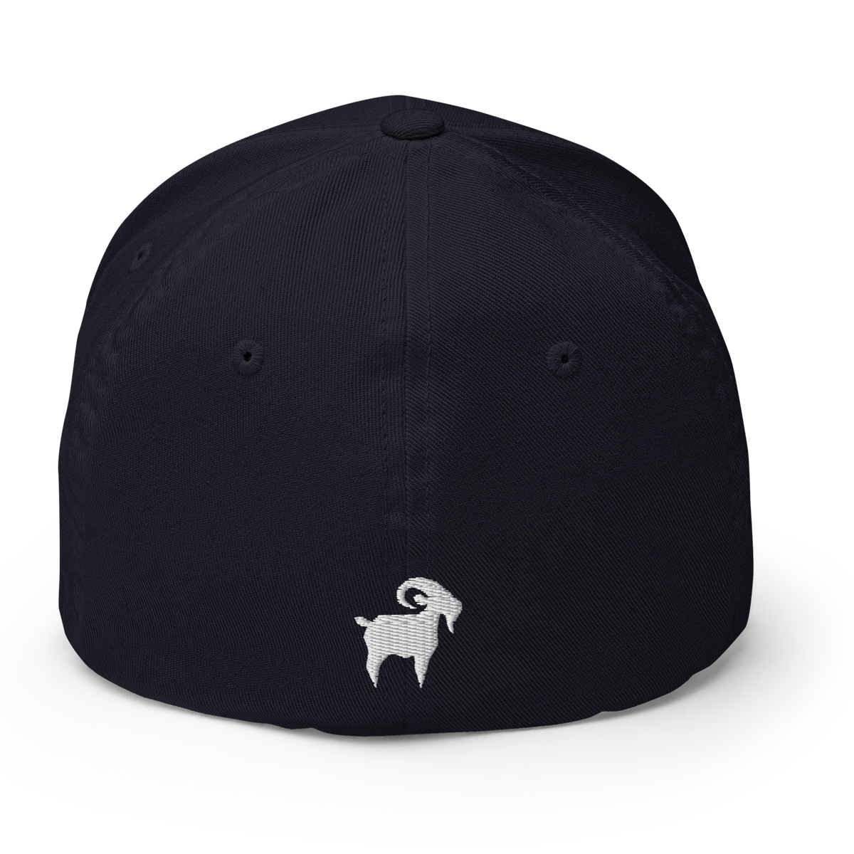 SALTYmf GOAT Flex Cap in Dark Navy, back view with a small goat embroidered on the back