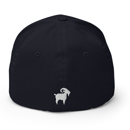 SALTYmf GOAT Flex Cap in Dark Navy, back view with a small goat embroidered on the back