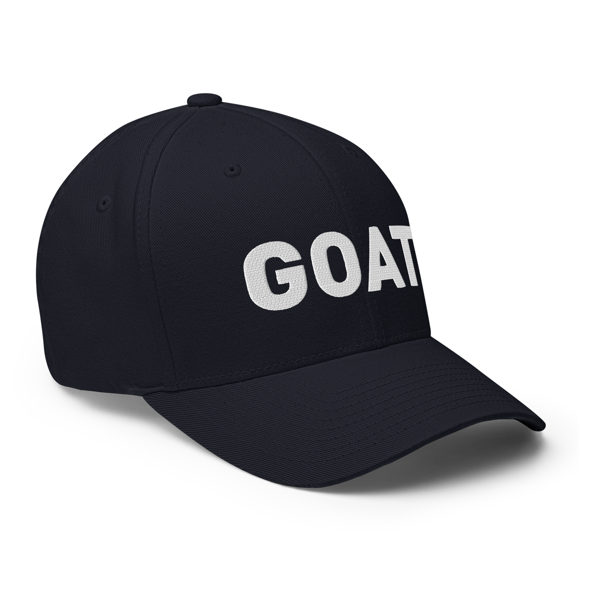 SALTYmf GOAT Flex Cap in Dark Navy, right front view with GOAT embroidered across the front