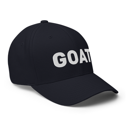 SALTYmf GOAT Flex Cap in Dark Navy, right front view with GOAT embroidered across the front