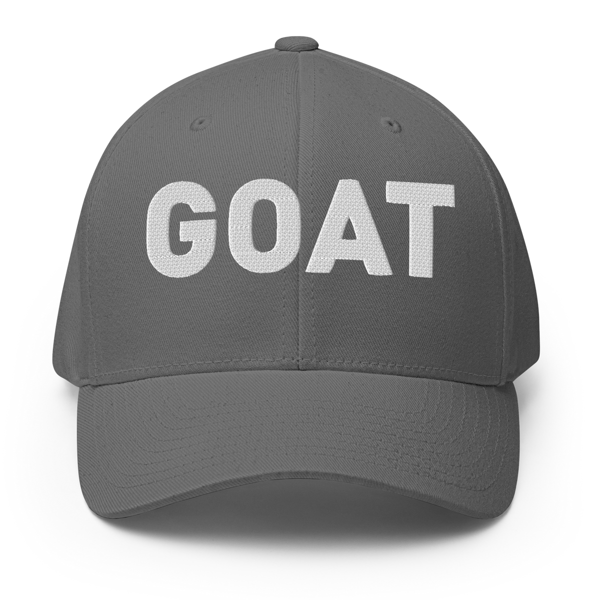 SALTYmf GOAT Flex Cap in Grey, front view with GOAT embroidered across the front