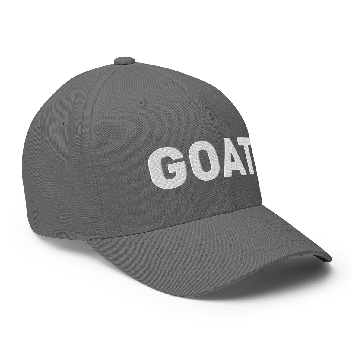 SALTYmf GOAT Flex Cap in Grey, right front view with GOAT embroidered across the front