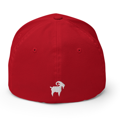 SALTYmf GOAT Flex Cap in Red, back view with a small goat embroidered on the back