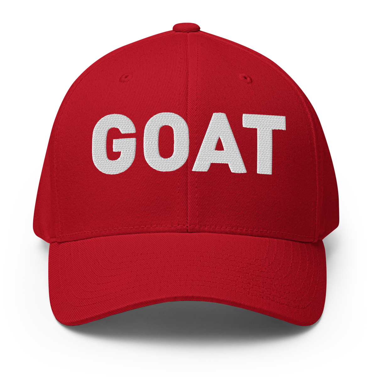 SALTYmf GOAT Flex Cap in Red, front view with GOAT embroidered across the front