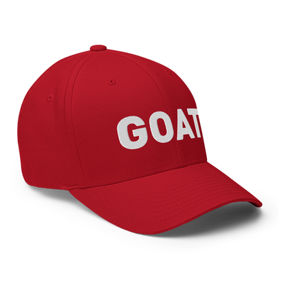 SALTYmf GOAT Flex Cap in Red, right front view with GOAT embroidered across the front