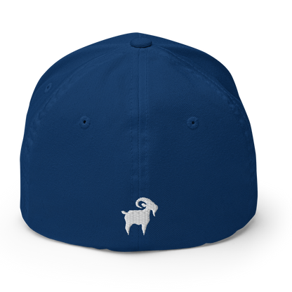 SALTYmf GOAT Flex Cap in Royal Blue, back view with a small goat embroidered on the back
