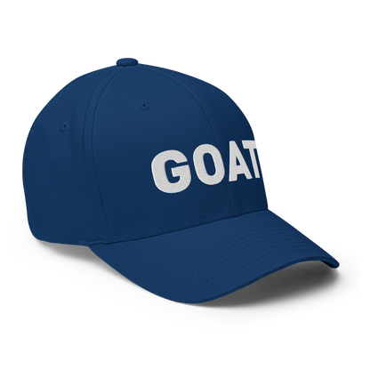 SALTYmf GOAT Flex Cap in Royal Blue, right front view with GOAT embroidered across the front
