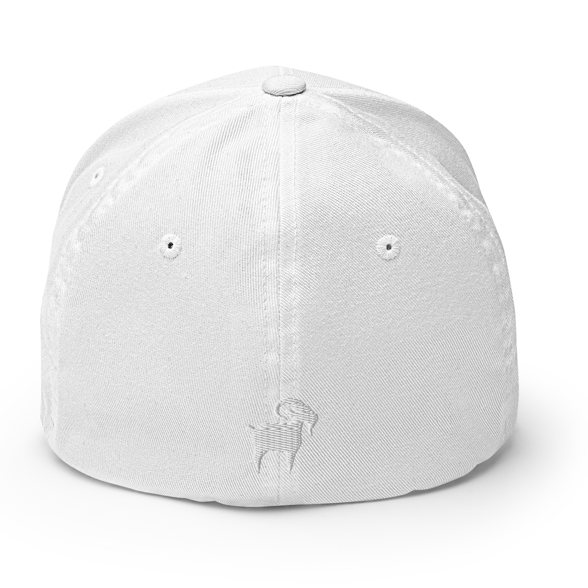 SALTYmf GOAT Flex Cap in White, back view with a small goat embroidered on the back