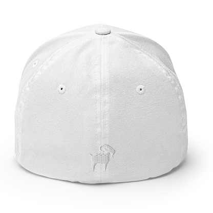 SALTYmf GOAT Flex Cap in White, back view with a small goat embroidered on the back