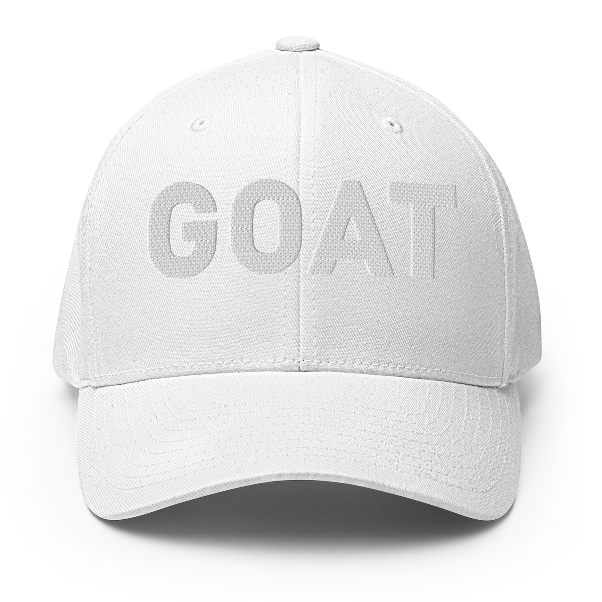 SALTYmf GOAT Flex Cap in White, front view with GOAT embroidered across the front