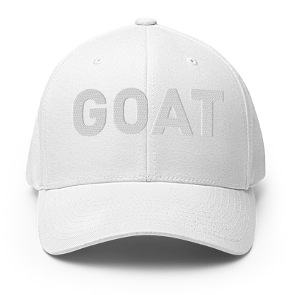 SALTYmf GOAT Flex Cap in White, front view with GOAT embroidered across the front
