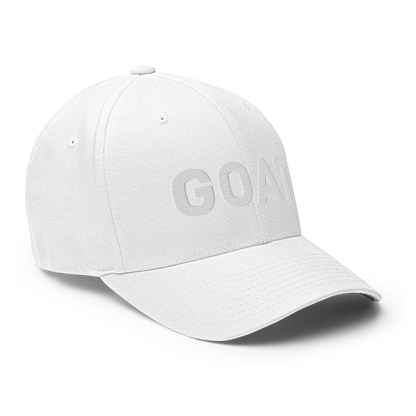 SALTYmf GOAT Flex Cap in White, right front view with GOAT embroidered across the front