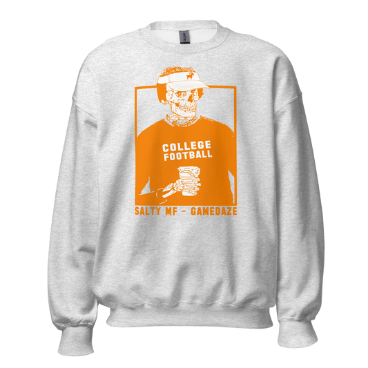 SALTYmf Knoxville GameDaze Crew Neck in Ash, front view with the orange skeleton COLLEGE FOOTBALL SALTY MF GAMEDAZE graphic