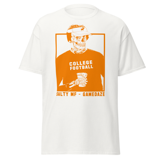 SALTYmf Knoxville GameDaze Tee, front view with the orange SALTY MF GameDaze College Football skeleton graphic