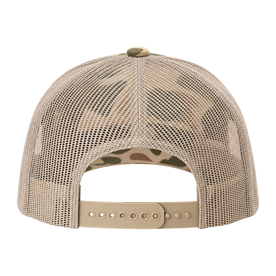 SALTYmf Leather Duck Hunt Patch Trucker in Harvest Duck Camo, back view showing the light tan mesh and snapback closure