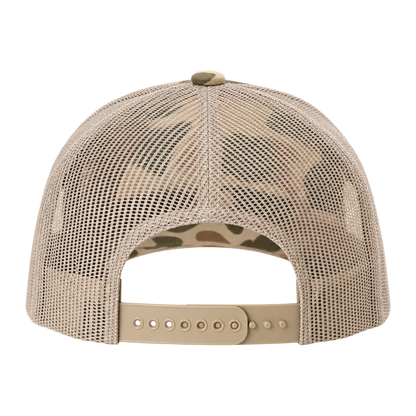 SALTYmf Leather Duck Hunt Patch Trucker in Harvest Duck Camo, back view showing the light tan mesh and snapback closure