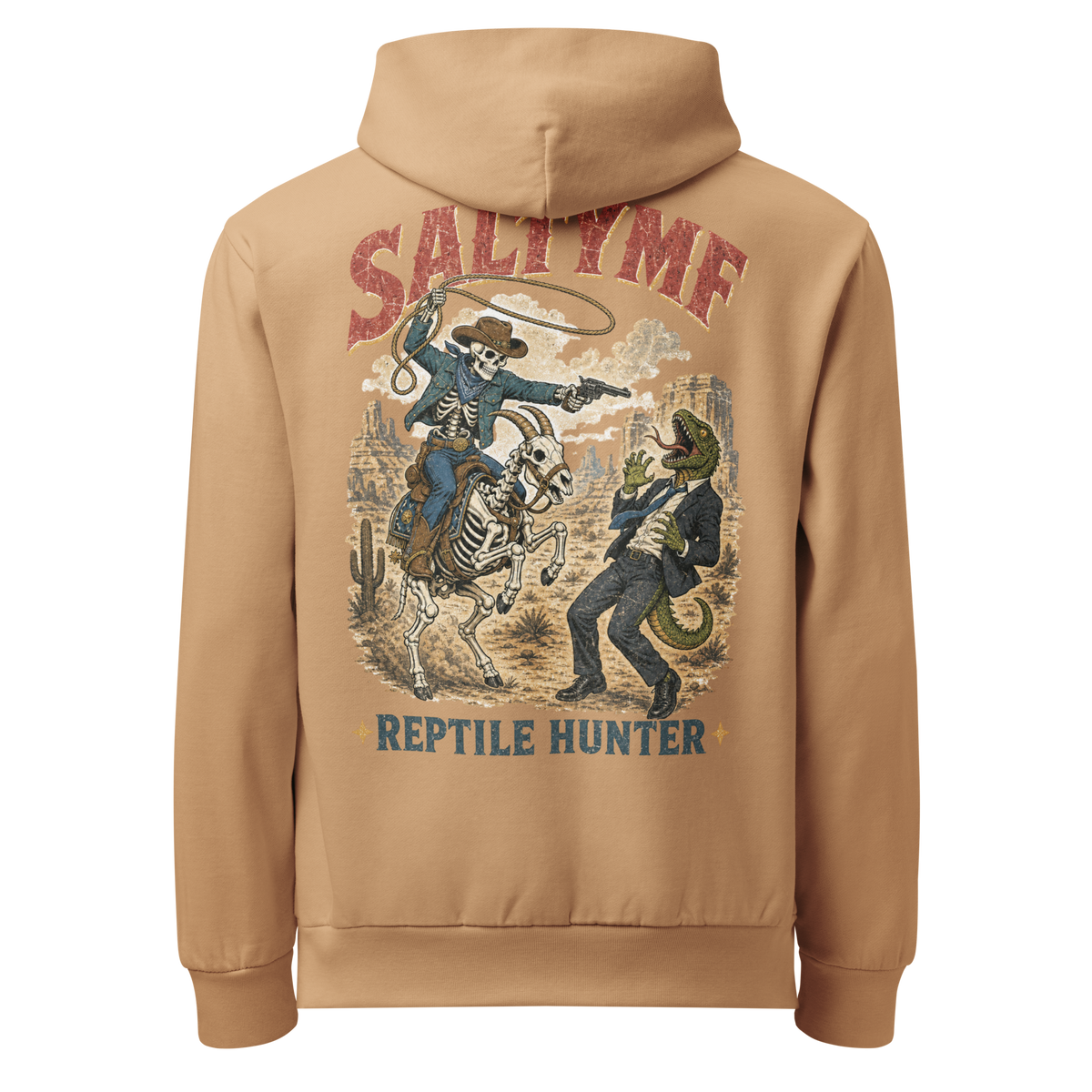 SALTYmf Reptile Hunter Hoodie in Khaki, back view with the skeleton cowboy chasing a lizard in a suit