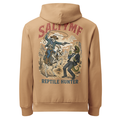 SALTYmf Reptile Hunter Hoodie in Khaki, back view with the skeleton cowboy chasing a lizard in a suit