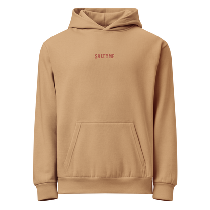SALTYmf Reptile Hunter Hoodie in Khaki, front view with the small SALTYMF wordmark on the chest