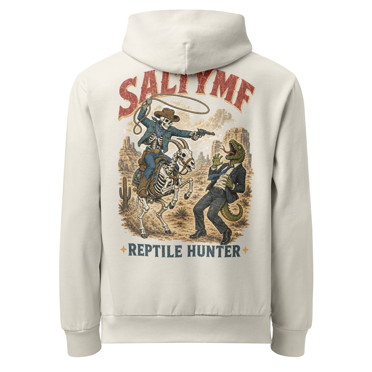 SALTYmf Reptile Hunter Hoodie in Off-White, back view with the skeleton cowboy chasing a lizard in a suit