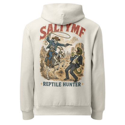 SALTYmf Reptile Hunter Hoodie in Off-White, back view with the skeleton cowboy chasing a lizard in a suit
