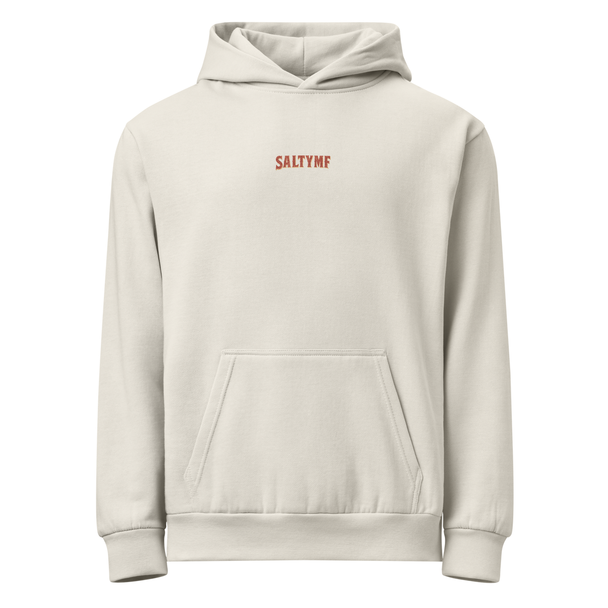 SALTYmf Reptile Hunter Hoodie in Off-White, front view with the small SALTYMF wordmark on the chest
