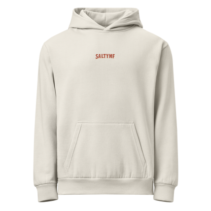 SALTYmf Reptile Hunter Hoodie in Off-White, front view with the small SALTYMF wordmark on the chest