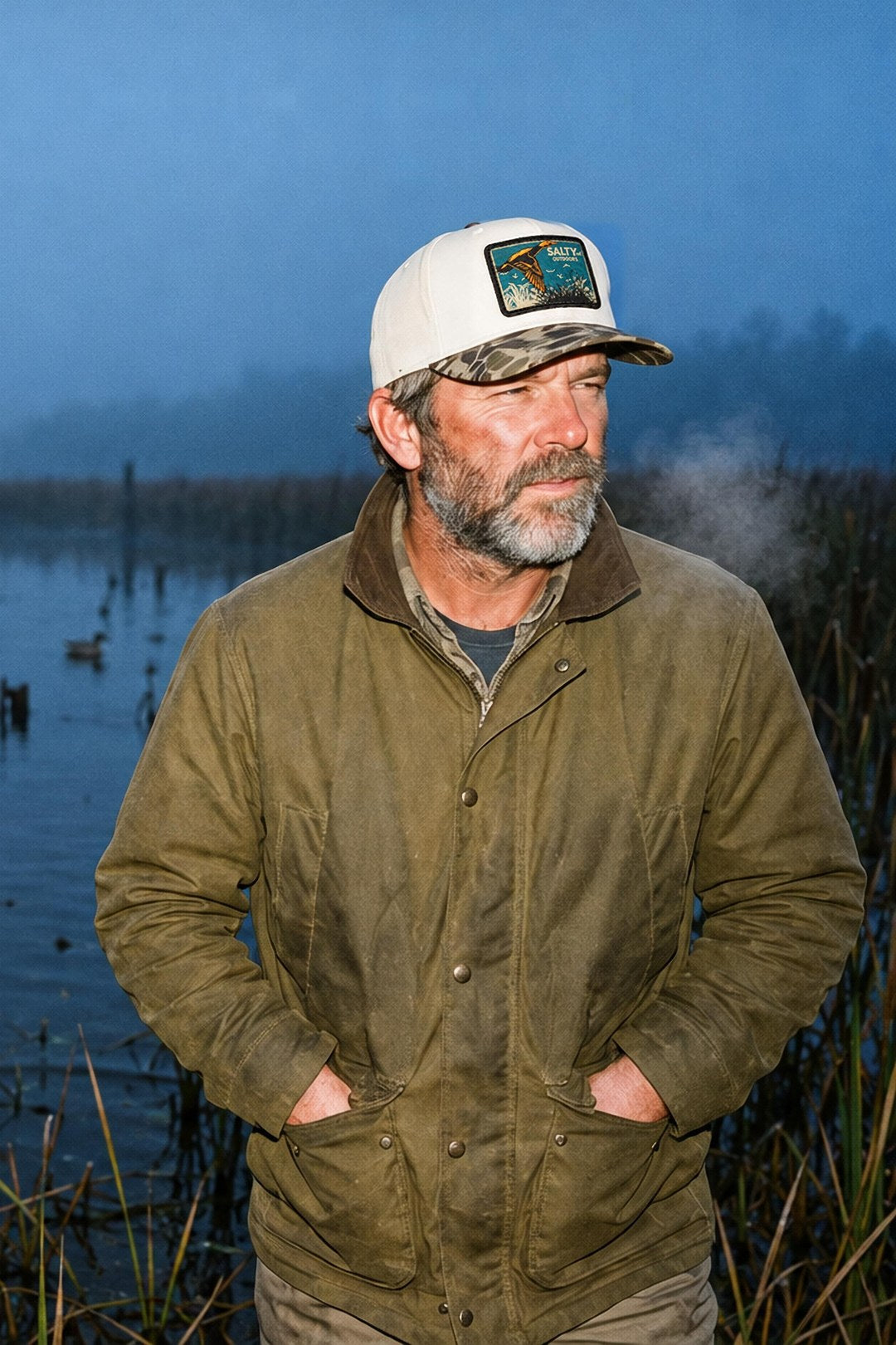 A duck hunter in the SALTYmf Duck Patch Gramps Hat wades through a misty marsh before sunrise
