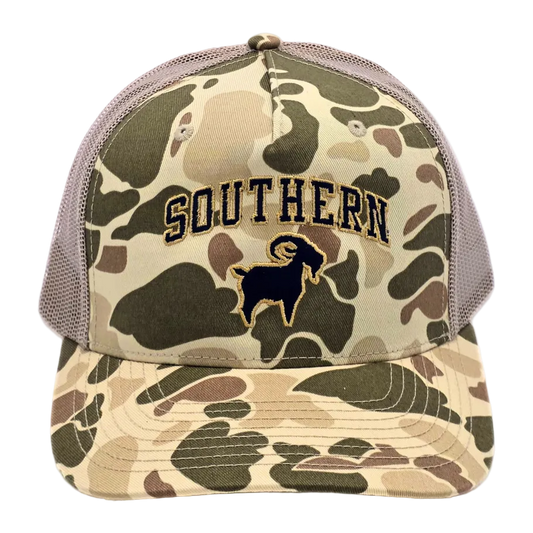 SALTYmf Southern GOAT Trucker in Harvest Duck Camo, front view with the embroidered SOUTHERN arch and navy goat on the front
