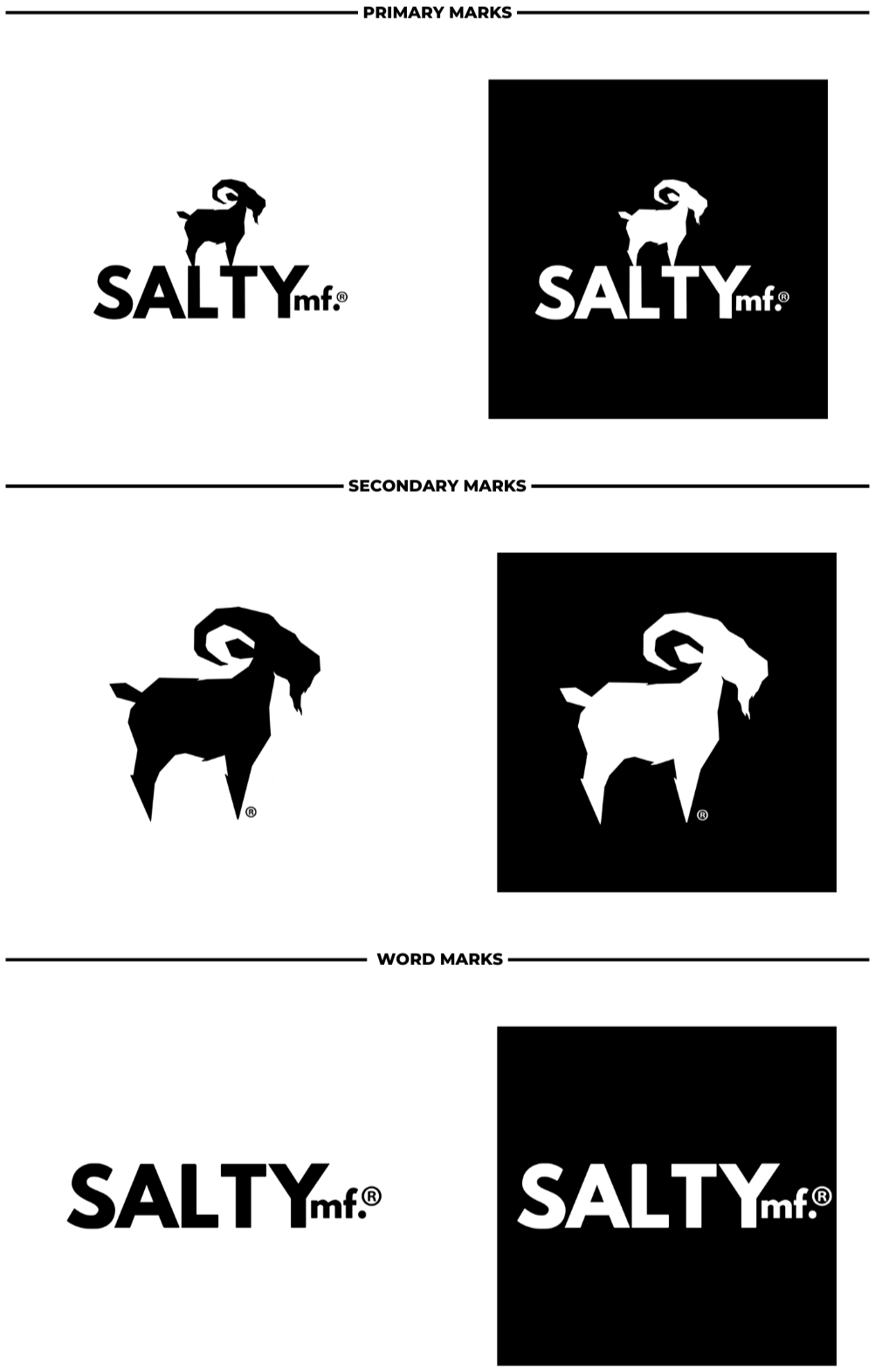SALTYmf registered marks: the primary goat and wordmark, the secondary goat mark and the SALTYmf word mark, each in black and reversed in white on black