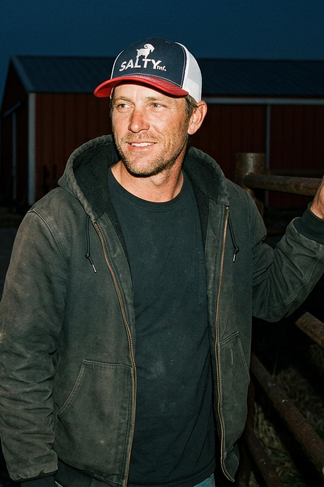 A farmer in a SALTYmf Core Trucker leans on a farm gate at dusk