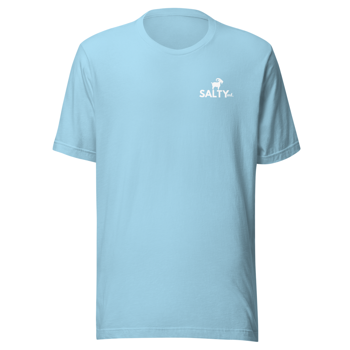 SALTYmf Tuna Cowboy Tee in Ocean Blue, front view with the SALTYmf logo on the left chest