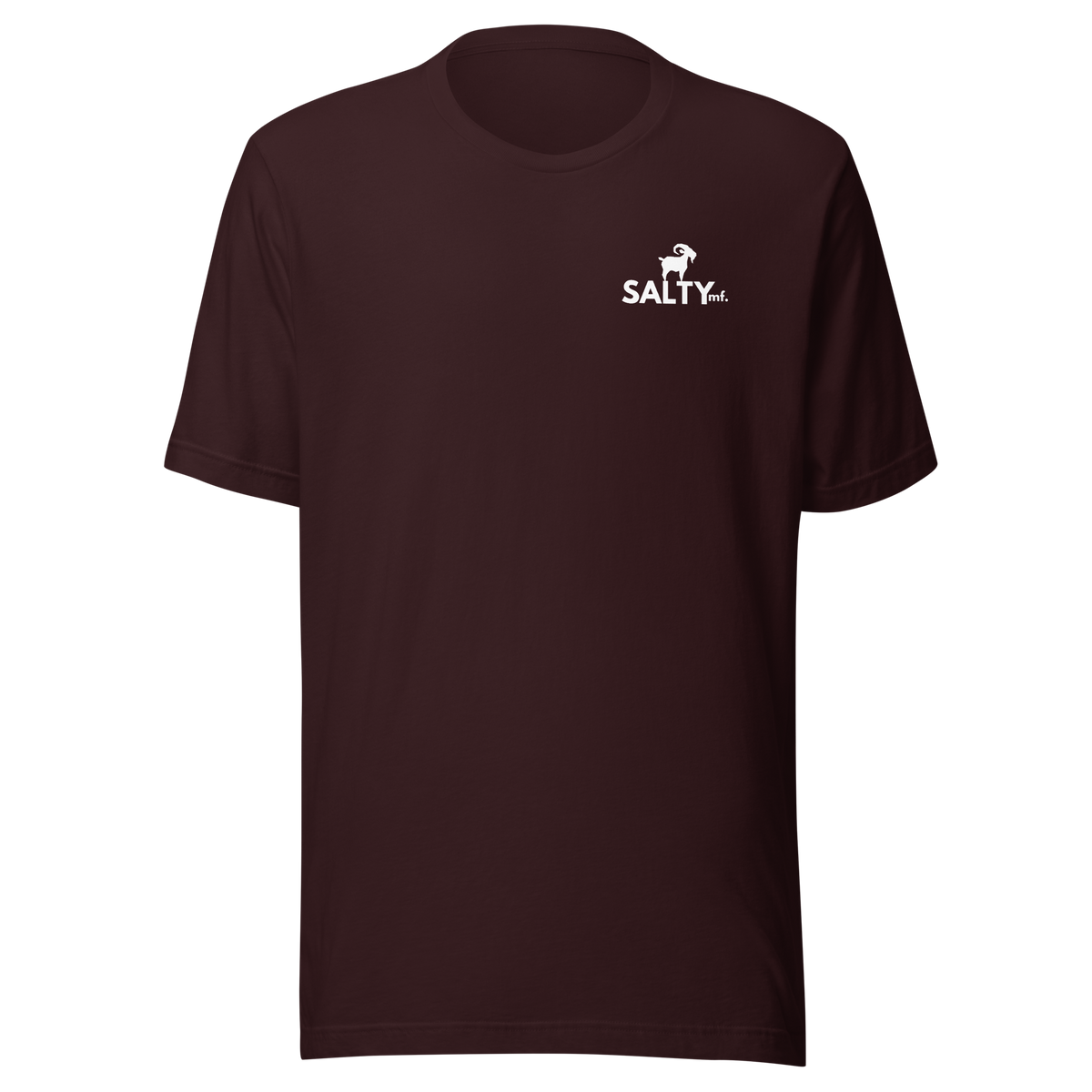 SALTYmf Tuna Cowboy Tee in Oxblood Black, front view with the SALTYmf logo on the left chest